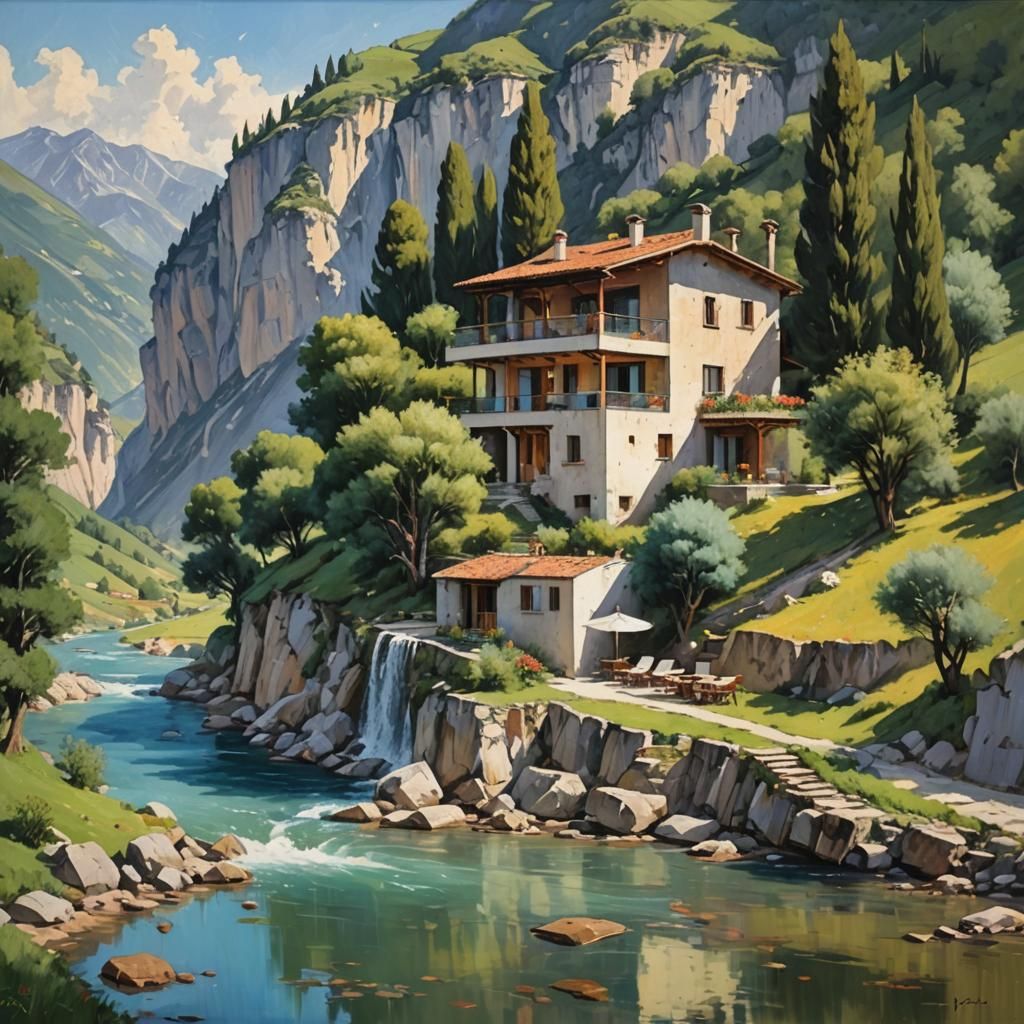 Italian Villa: A Luxurious Oil Painting Landscape
