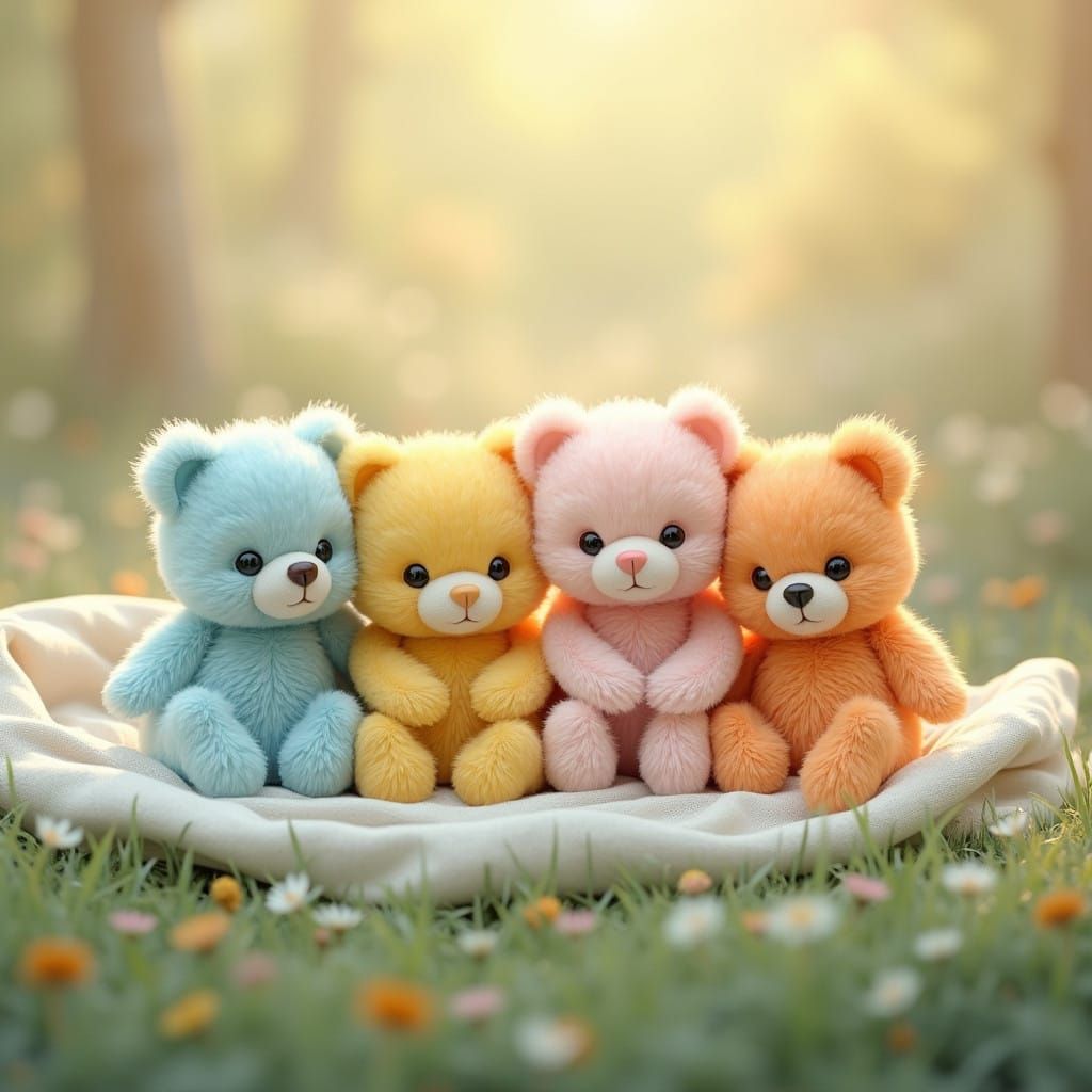 Tiny Teddy Bears in Pastel Hues, Surrounded by Lush Fabric a...