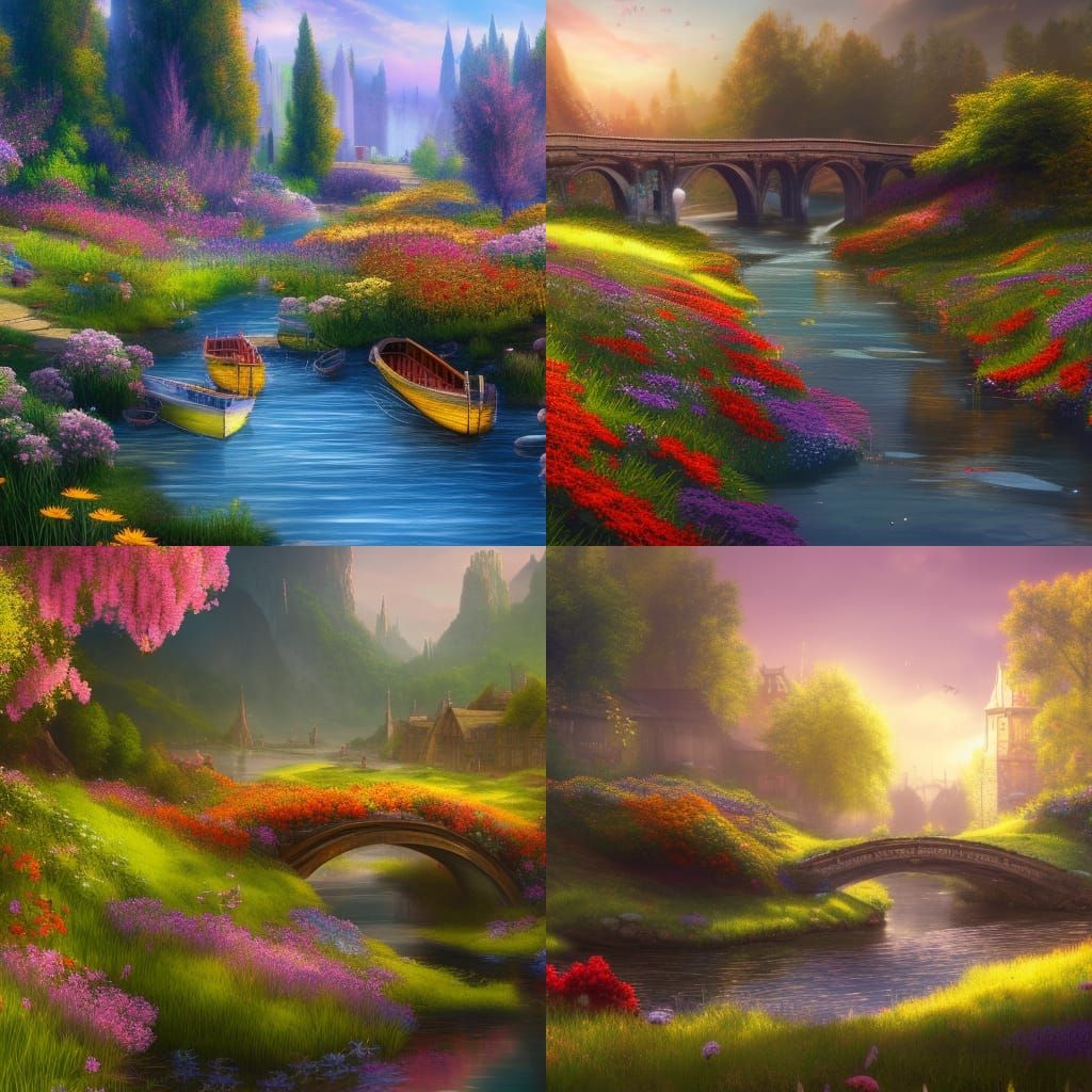 Flower Meadow with Bridge in Fantasy Style