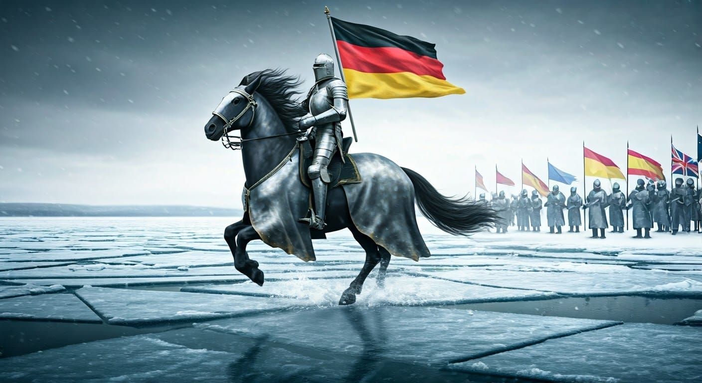 Gallant Knight Rides Warhorse Across Frozen Lake