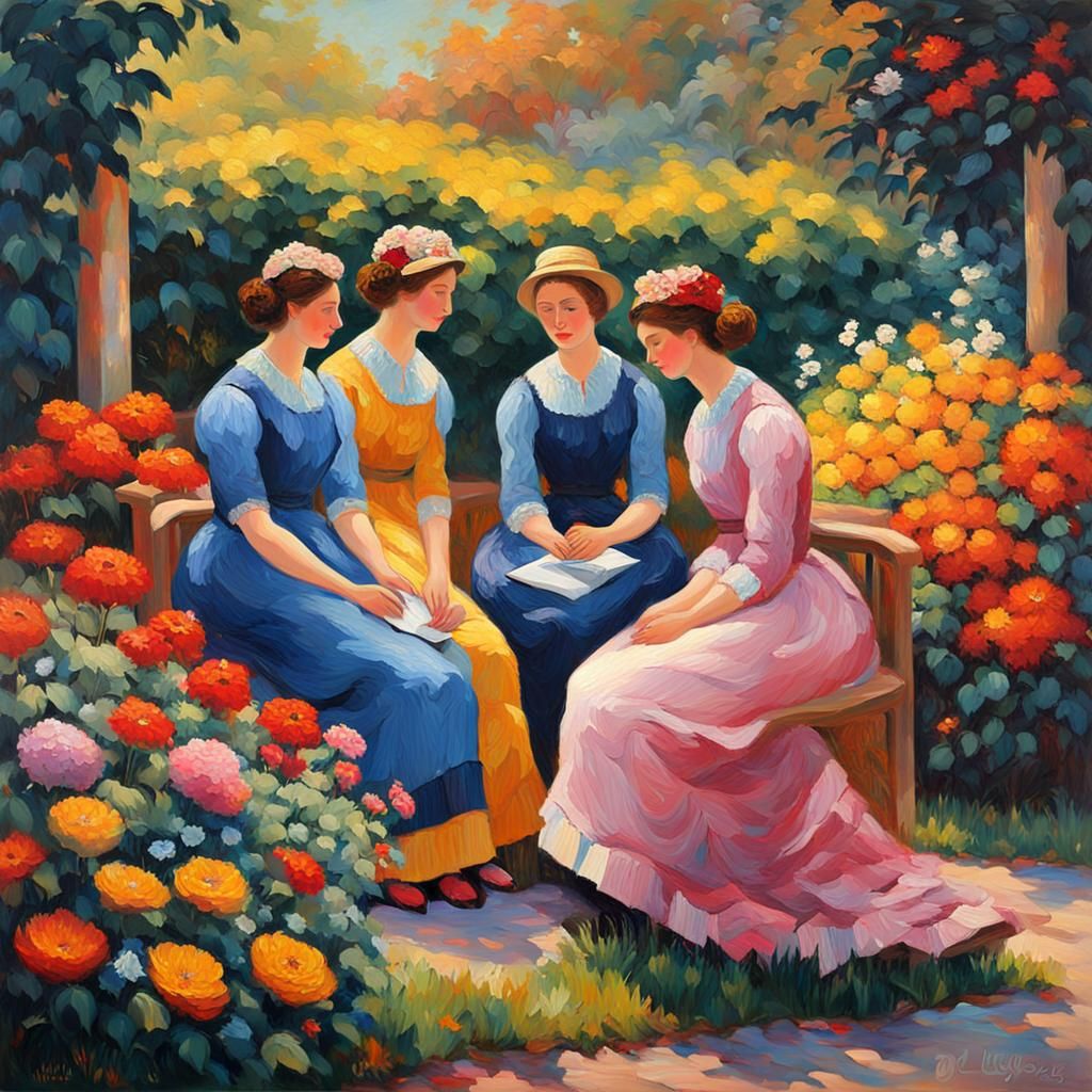 Impasto Painting of Ladies in a Garden