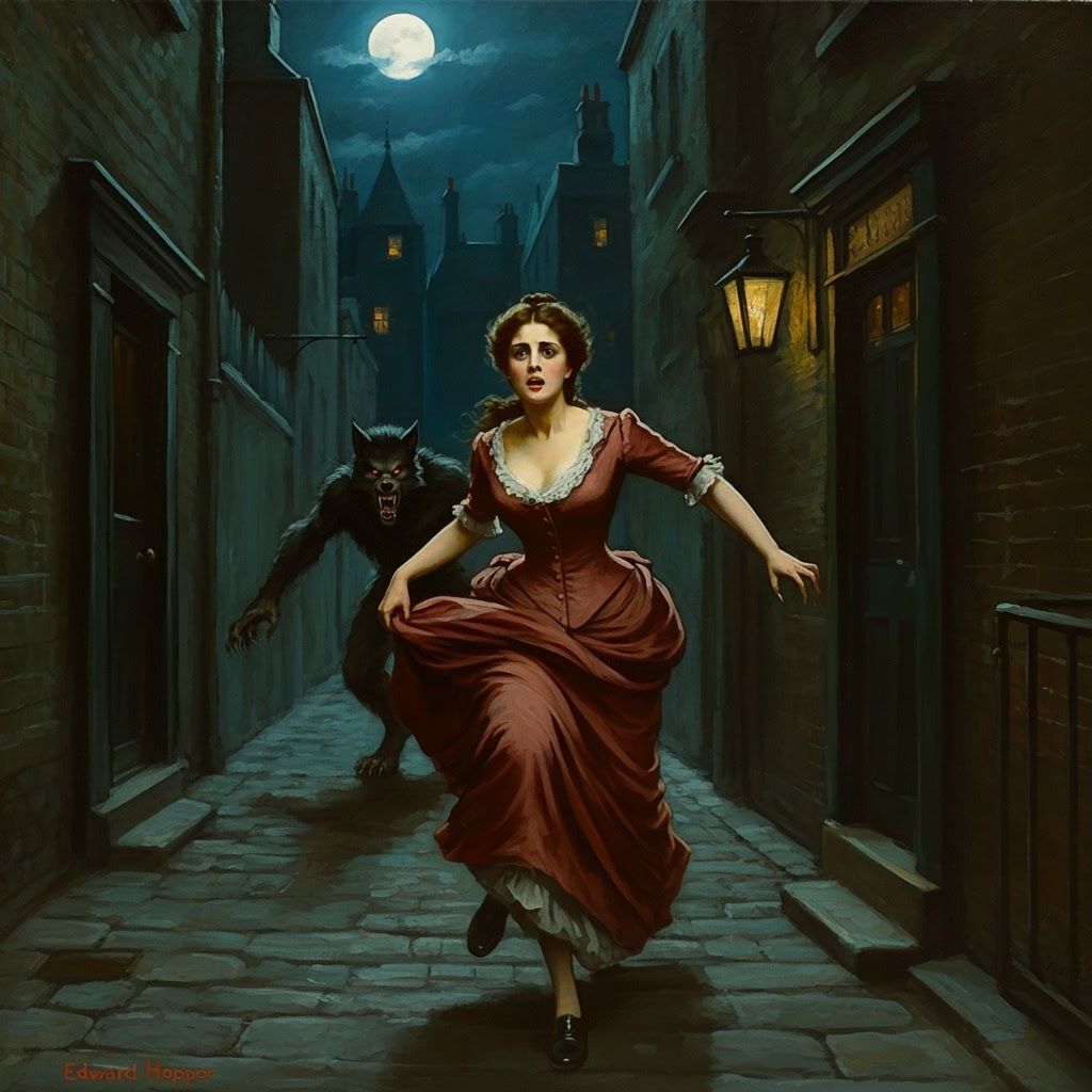 Victorian Woman Fleeing Werewolf in Dark Alley