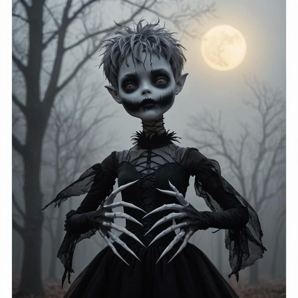 Monstrous Doll Silhouetted in Moonlit Forest