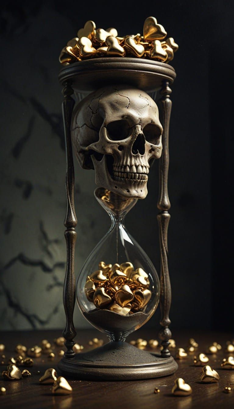 Surreal Hourglass: Hearts Falling into Skull, Dali Style