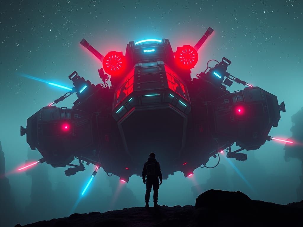 Retropunk Spacecraft in Foggy, Starry Cosmos