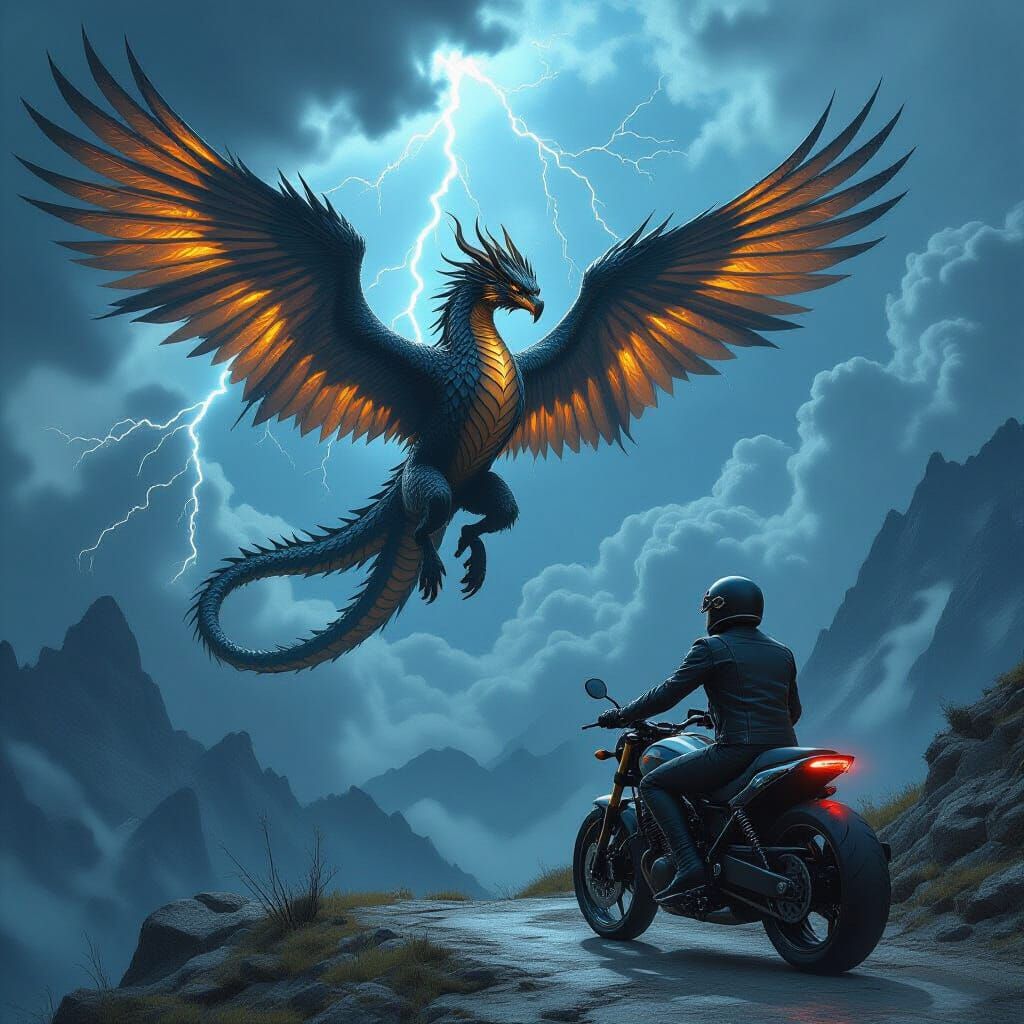Biker Meets Dragon-Griffon in Epic Fantasy Matte Painting