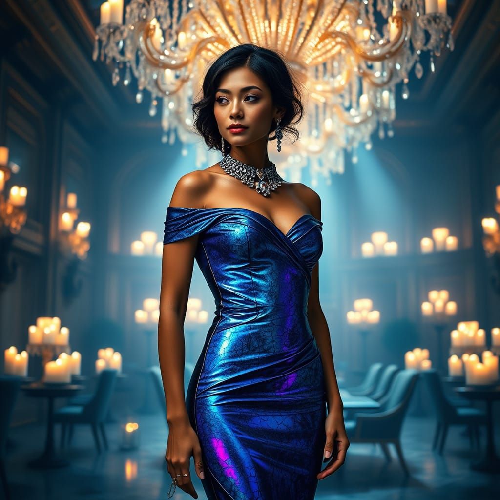 Elegant Woman in Iridescent Crystal Geodes Ball Gown with St...