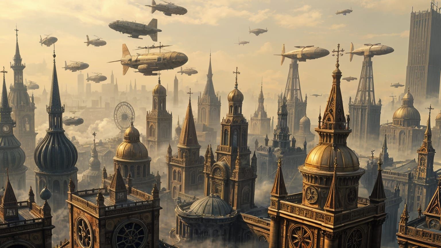 Steampunk Cityscape with Clockwork Architecture and Airships