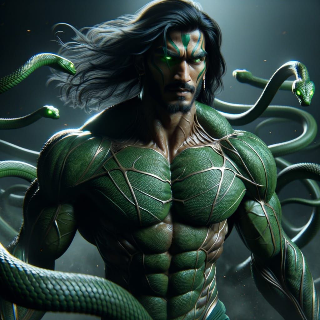 Muscular Indian Warrior Superhero with Snakes in Cinematic R...
