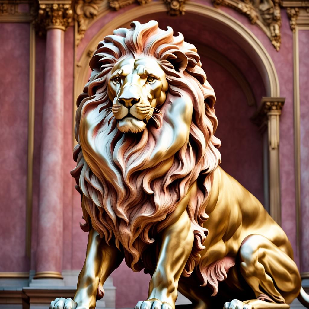Majestic Pink Velvet Lion: A Baroque Sculpture
