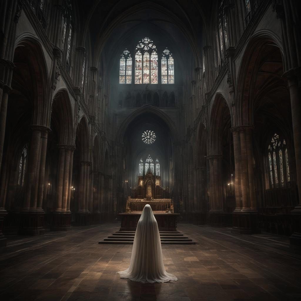 Ethereal Ghost in Brownish Cathedral Room