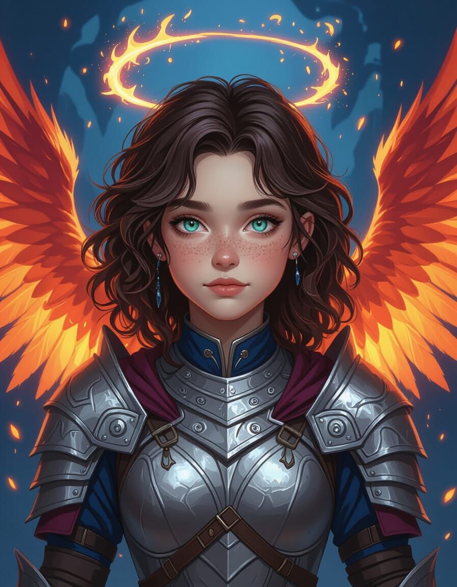 Fantasy Warrior Girl with Fiery Phoenix Wings