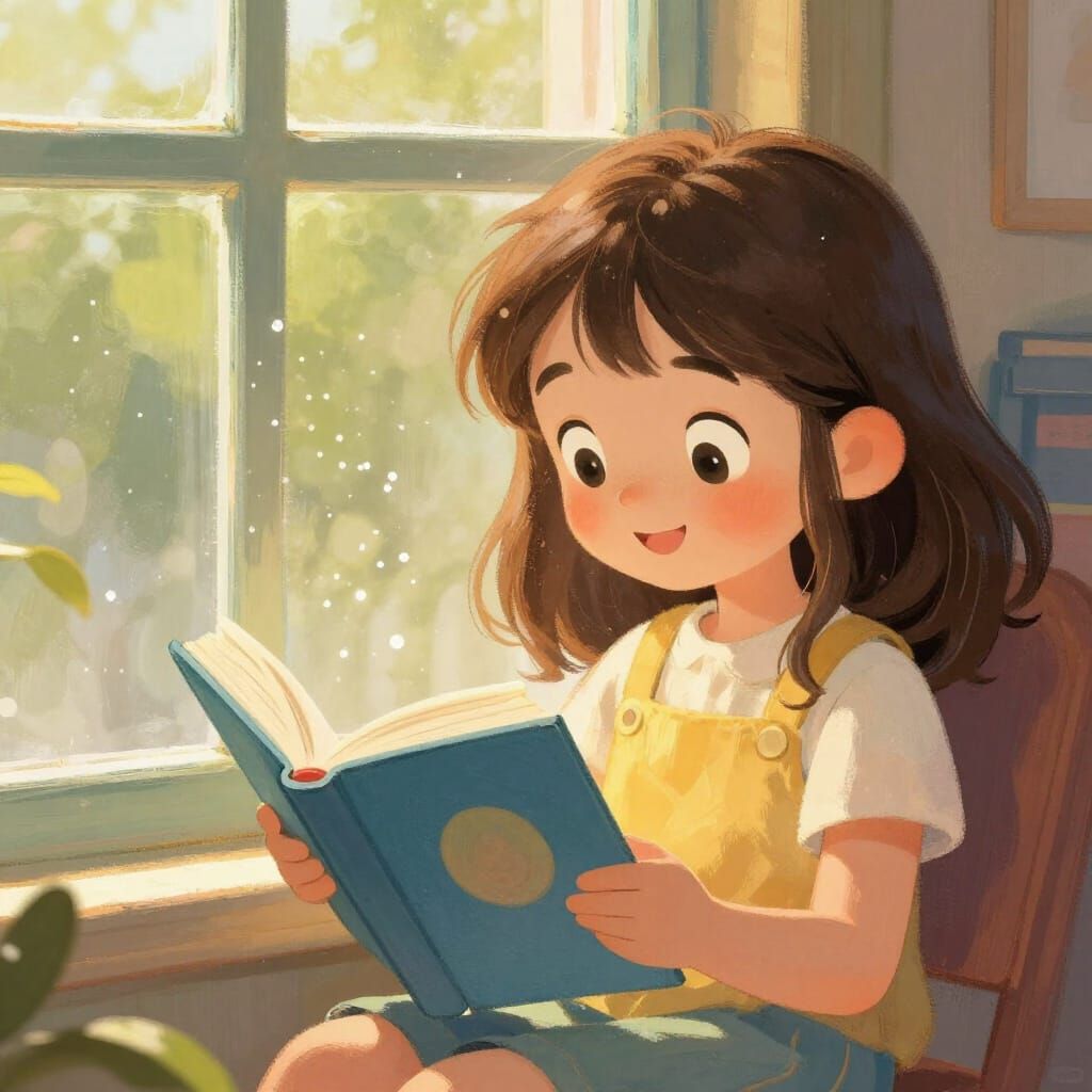 Whimsical Girl Reading by Sunlit Window in Storybook Style