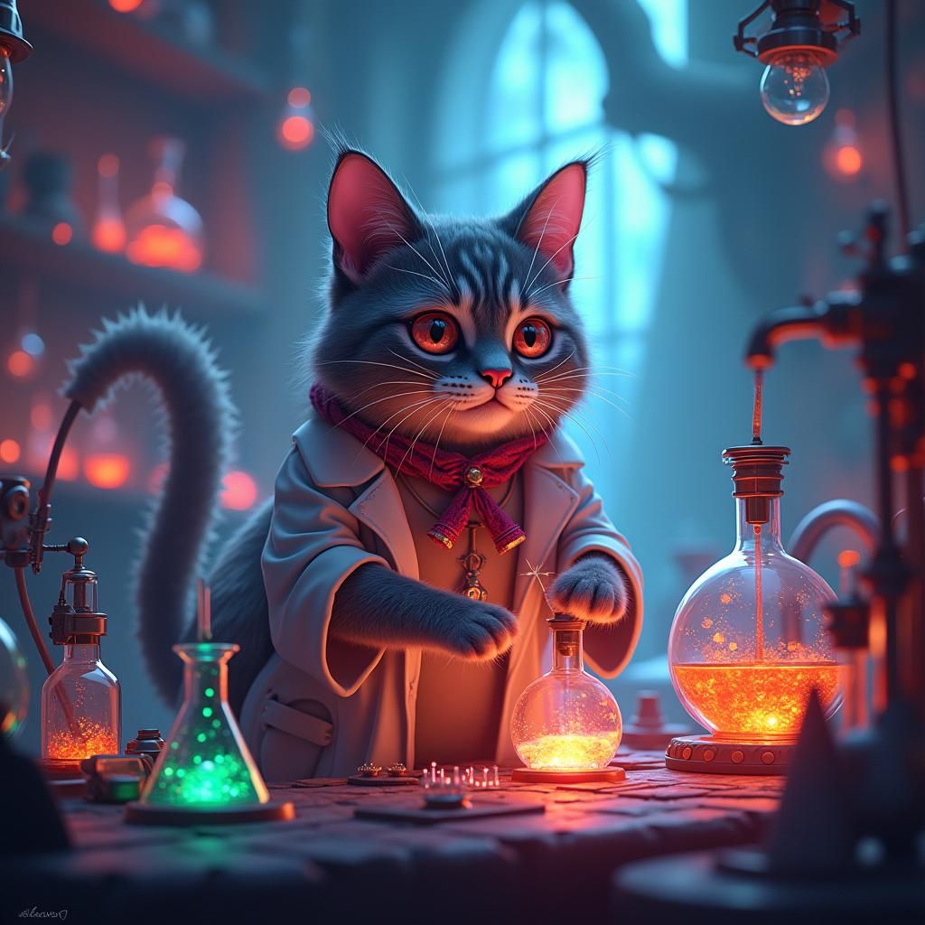 Mystical Cat Chemist in a Fantasy Laboratory