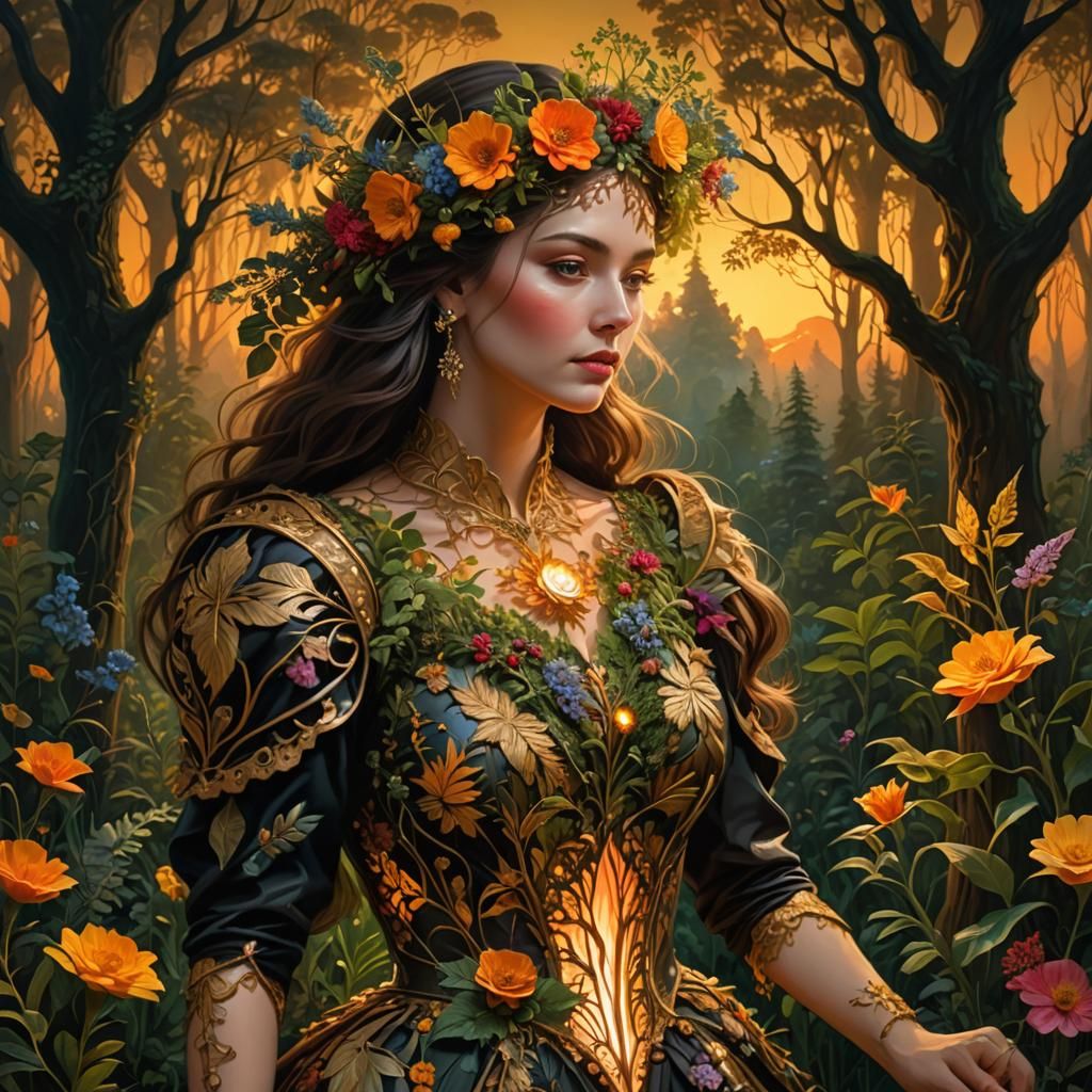 Sunset Woman in a Surreal Forest: Magical Realism