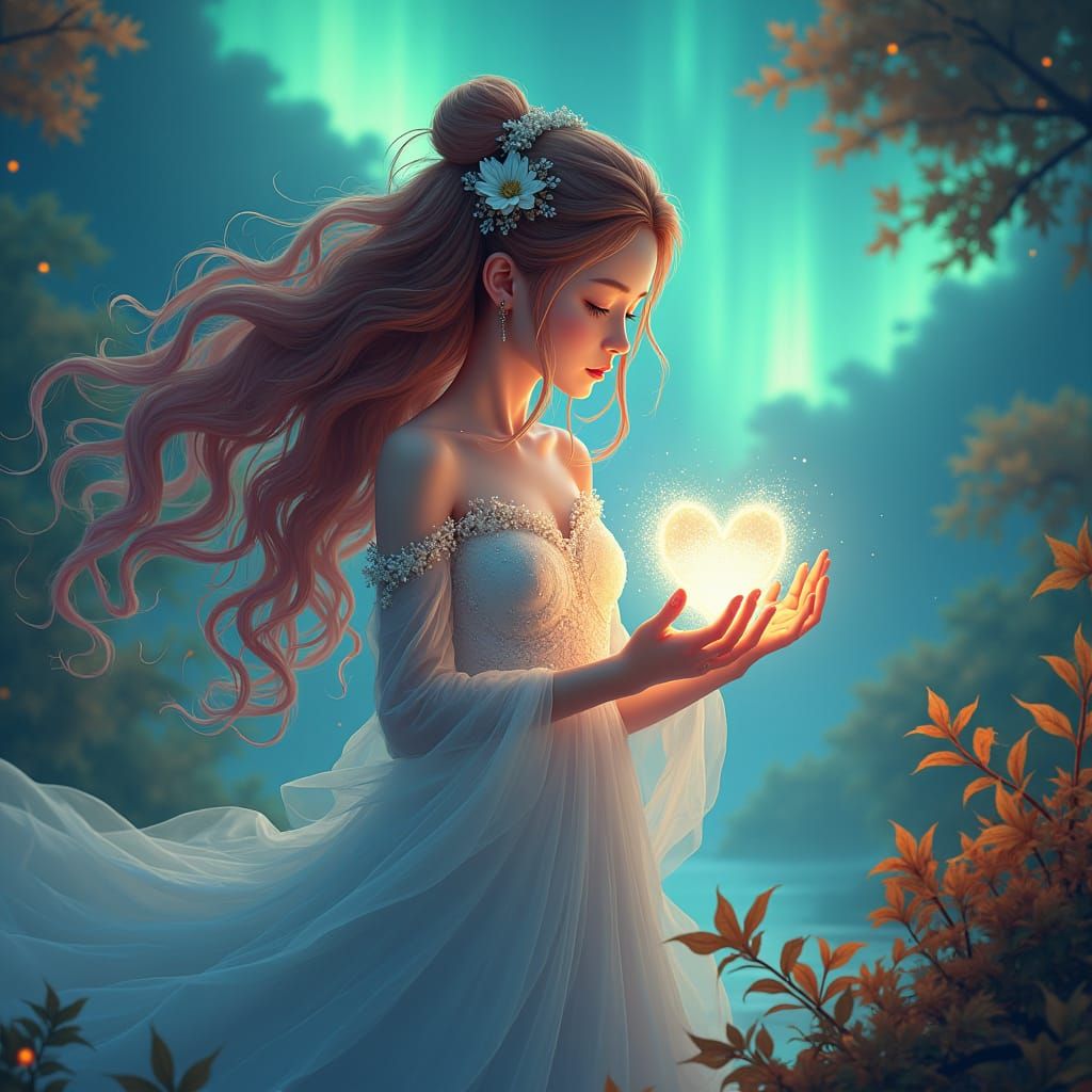 Anime Girl with Heart of Gaia in Fantasy Landscape