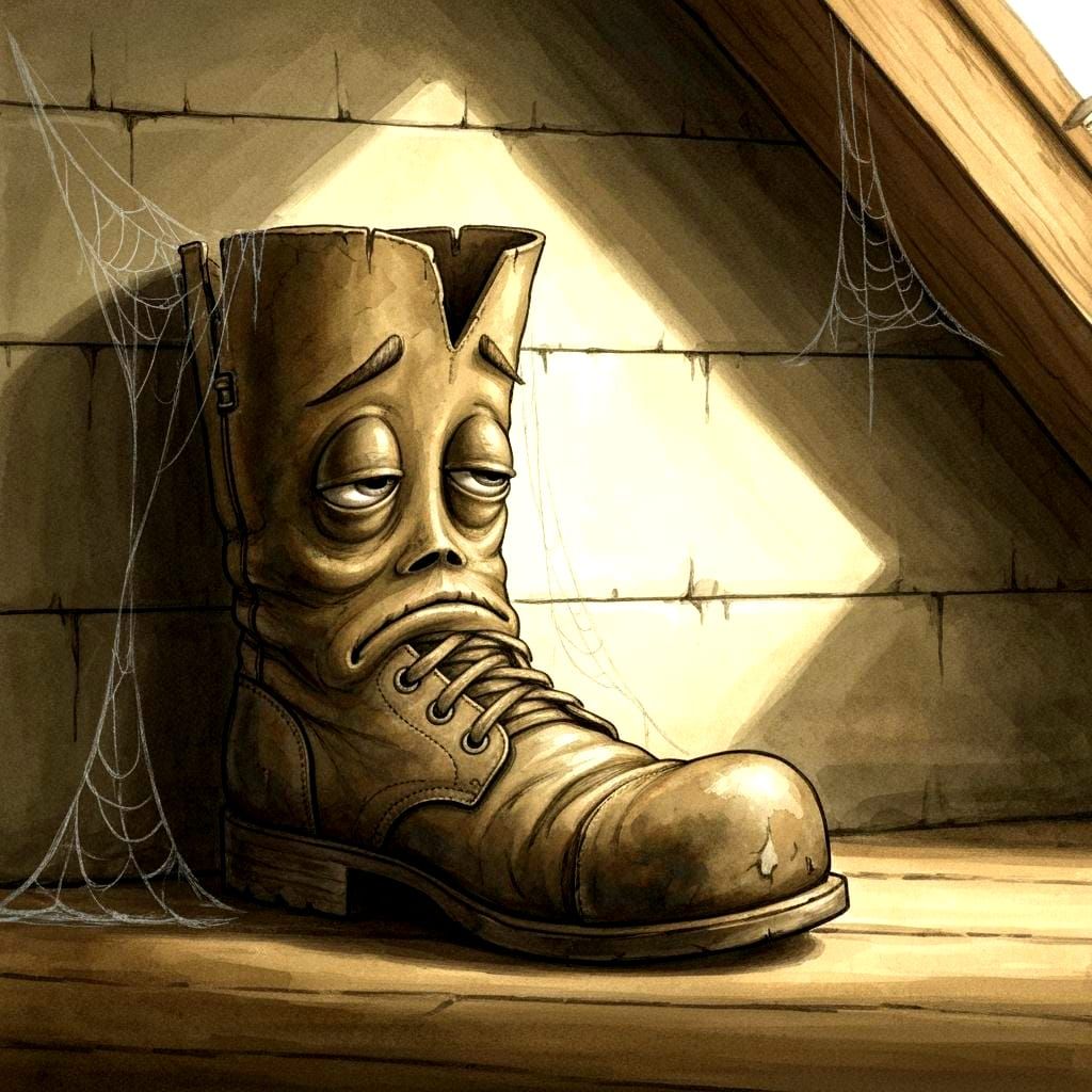 Melancholic Watercolor of a Tired Boot in Dusty Attic