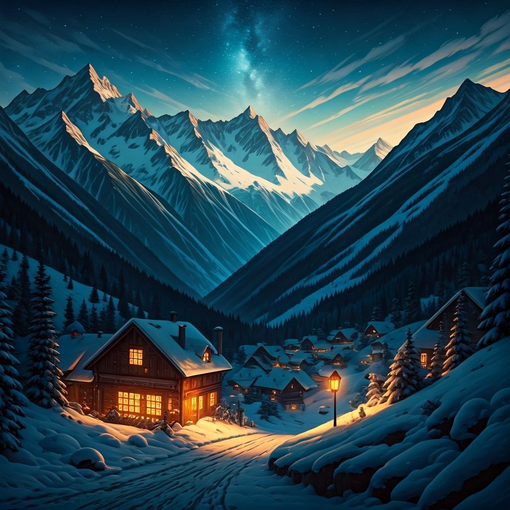 Snowy Alpine Village Under Starry Night Sky