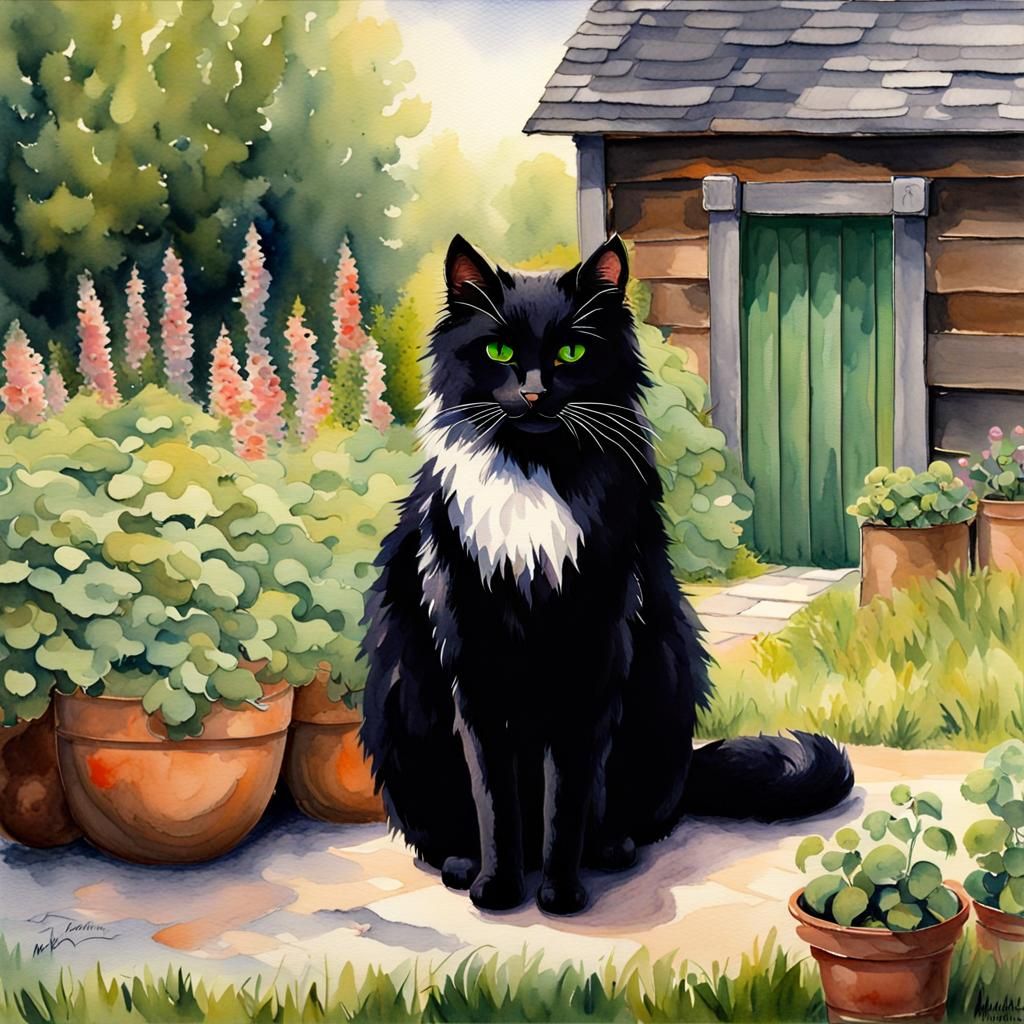Farm Cat in Futuristic Garden Watercolor