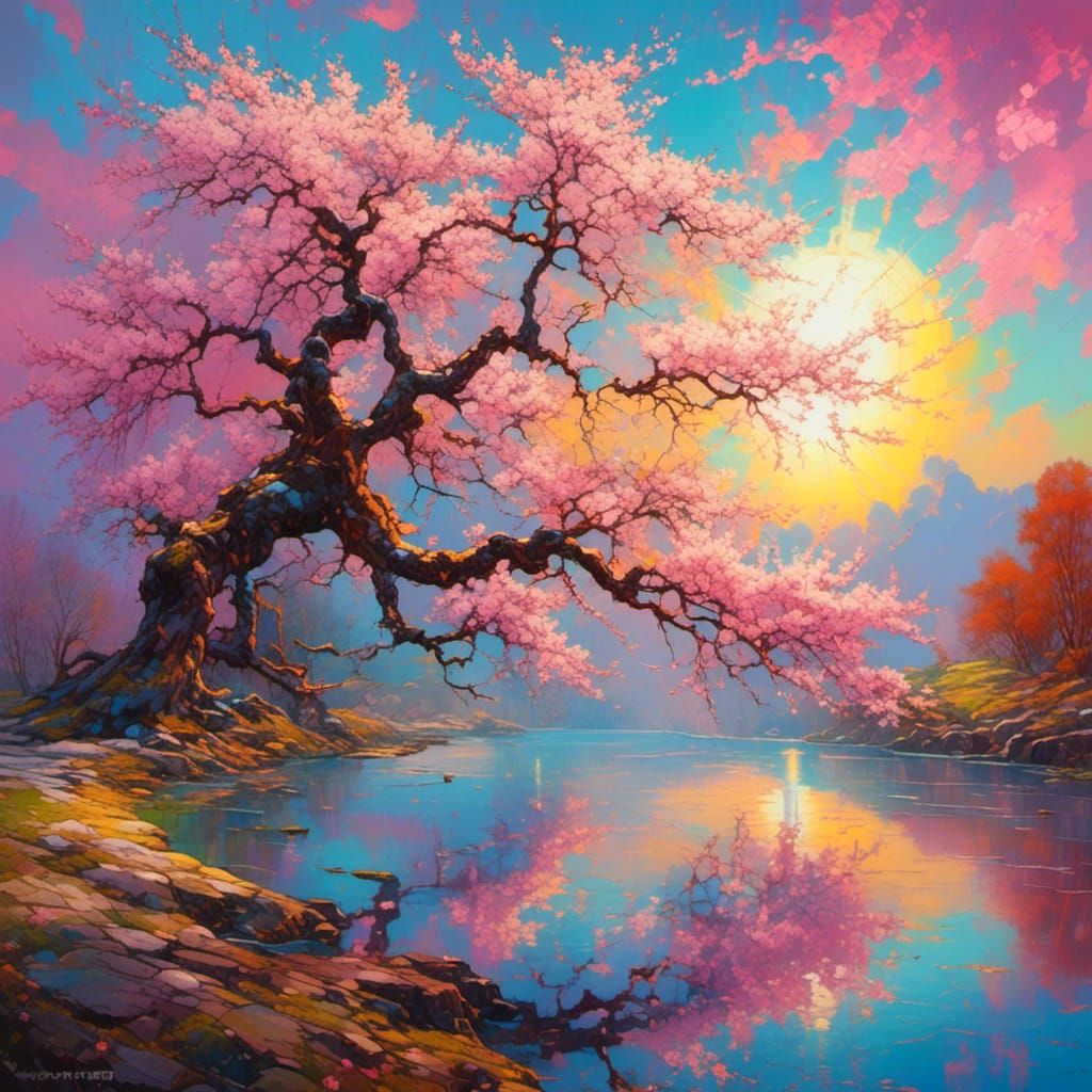 <lora:Impasto Landscapes:1.0> <lora:Enigmatic:1.0> Cherry Bl...