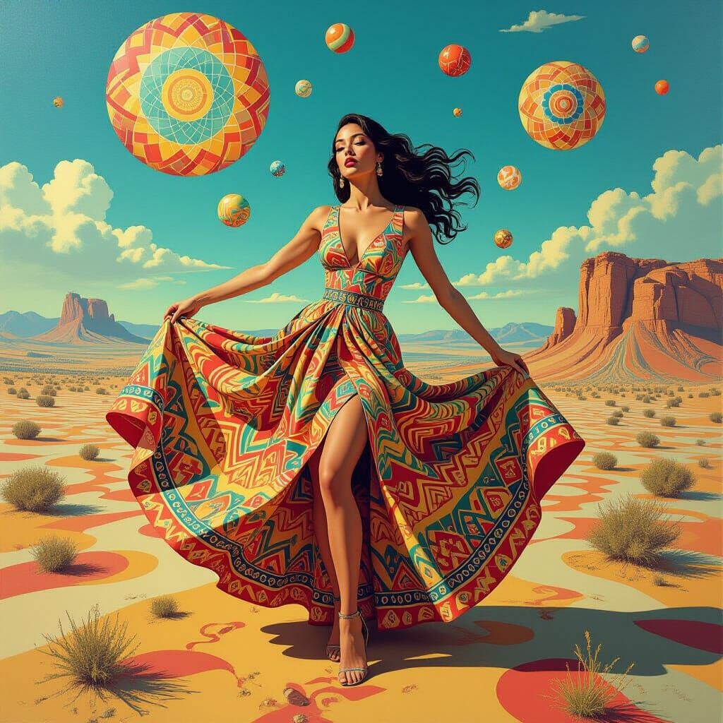 Surreal Woman in Psychedelic Geometric Landscape