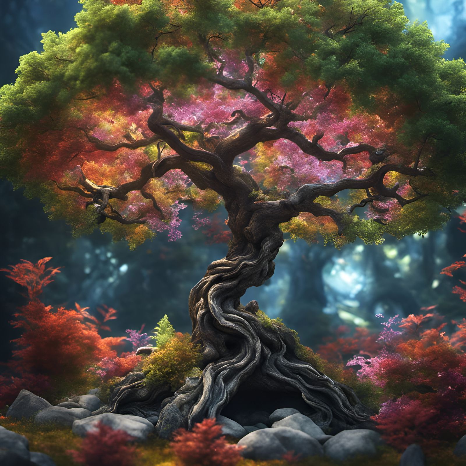 crystal tree in fantasy garden