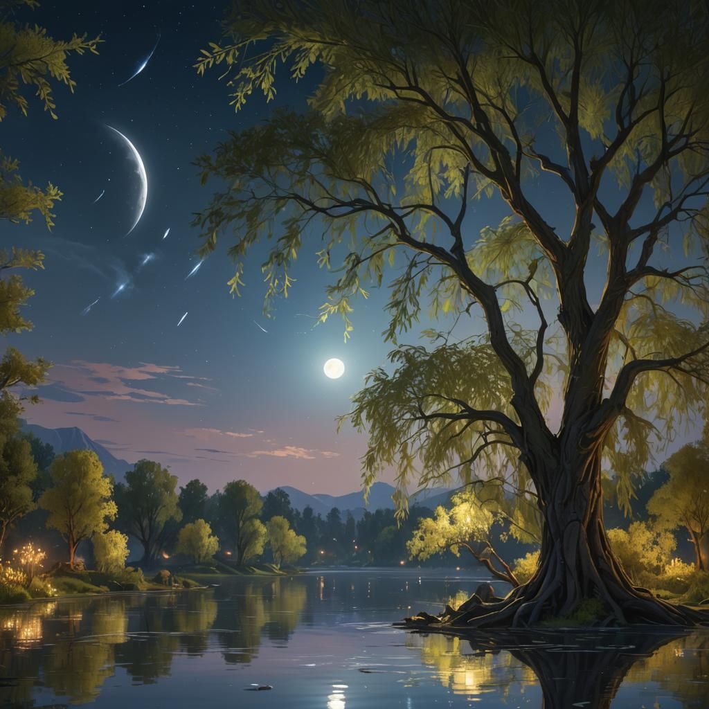 Willow Tree Reflection: Night Scene Concept Art