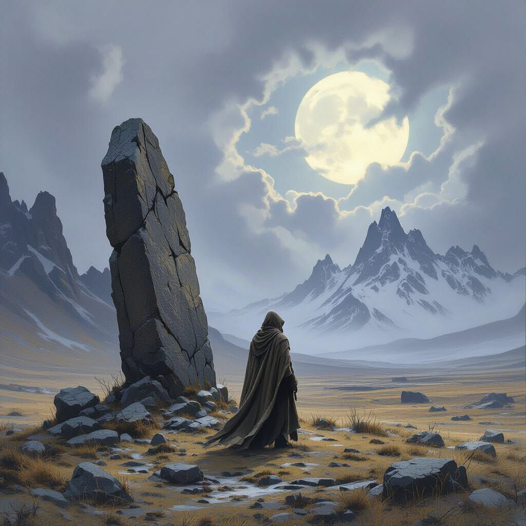 Druid Silhouette at Ancient Dolmen: Dark Fantasy Art