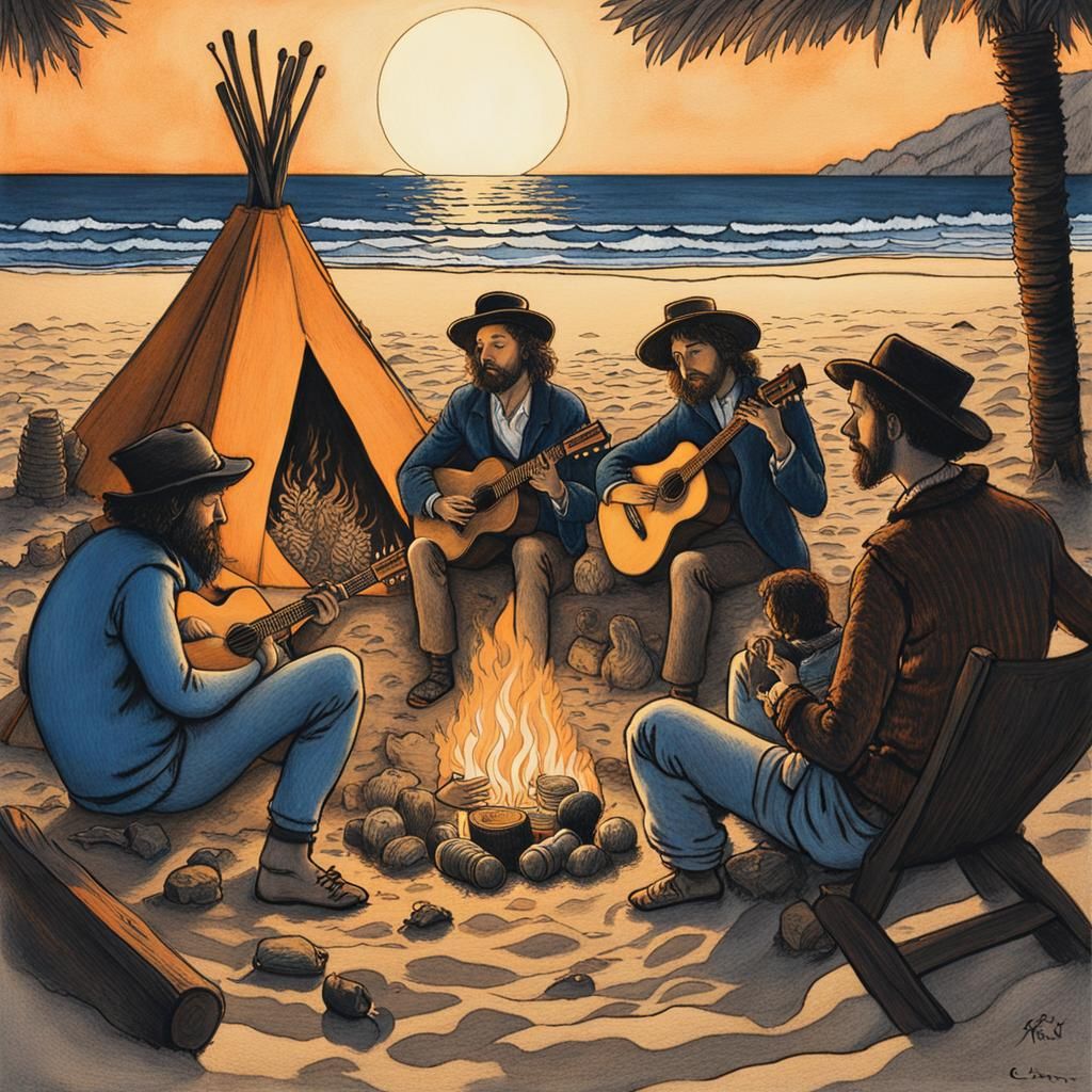 Man playing guitar for his friends by a bonfire on the beach...