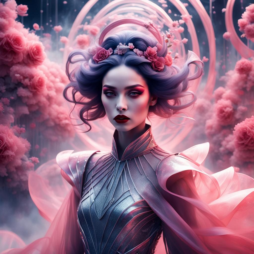 Dreamlike Woman in Misty Rose Spectral Symphony