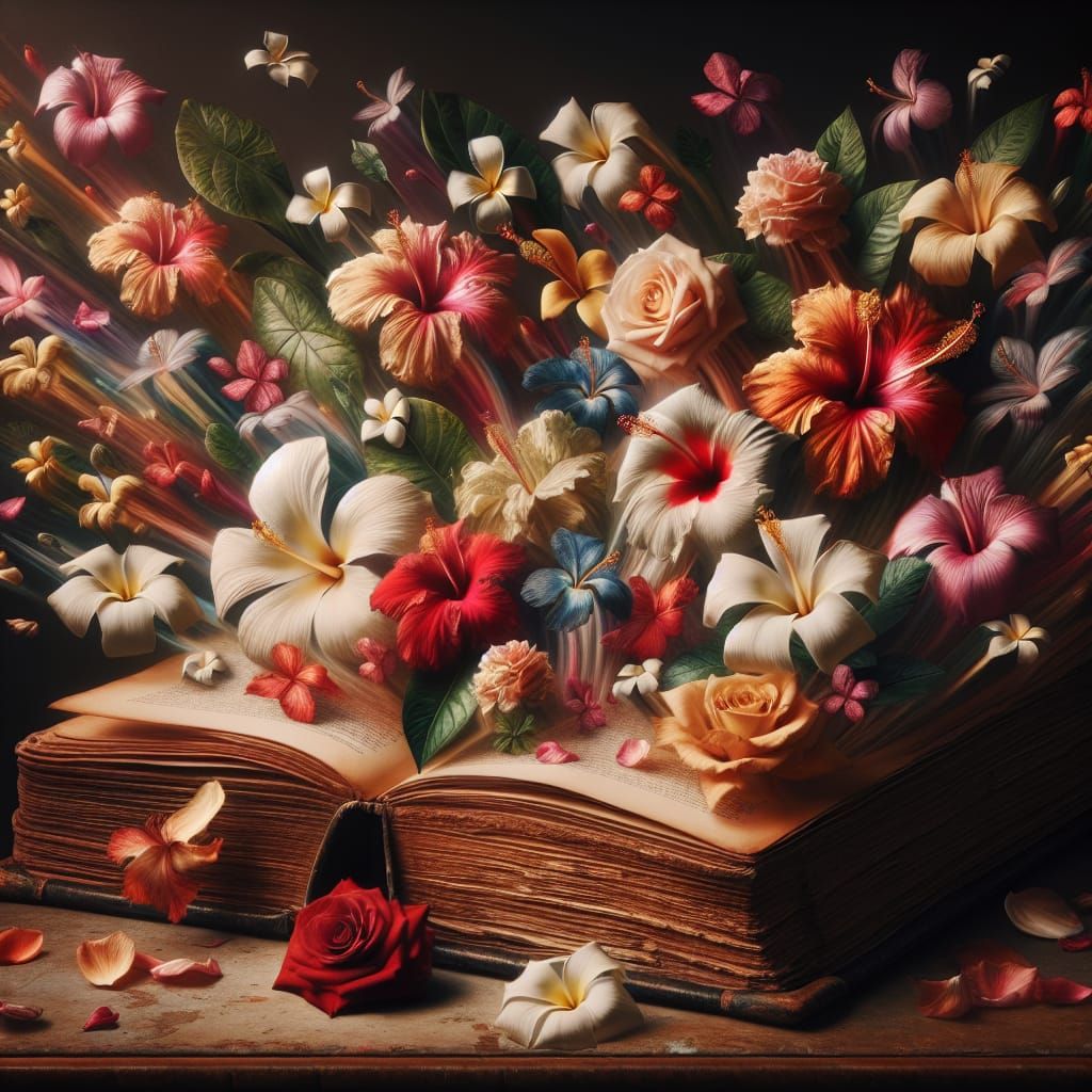 Flowers Pour From Open Book in Romantic Art Style