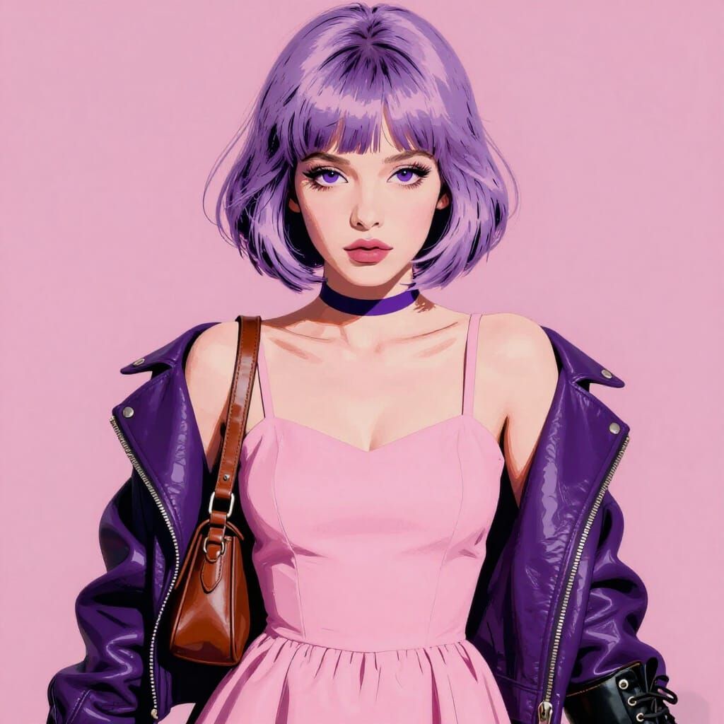 Pop Art Portrait of Woman in Purple Bob and Leather Jacket
