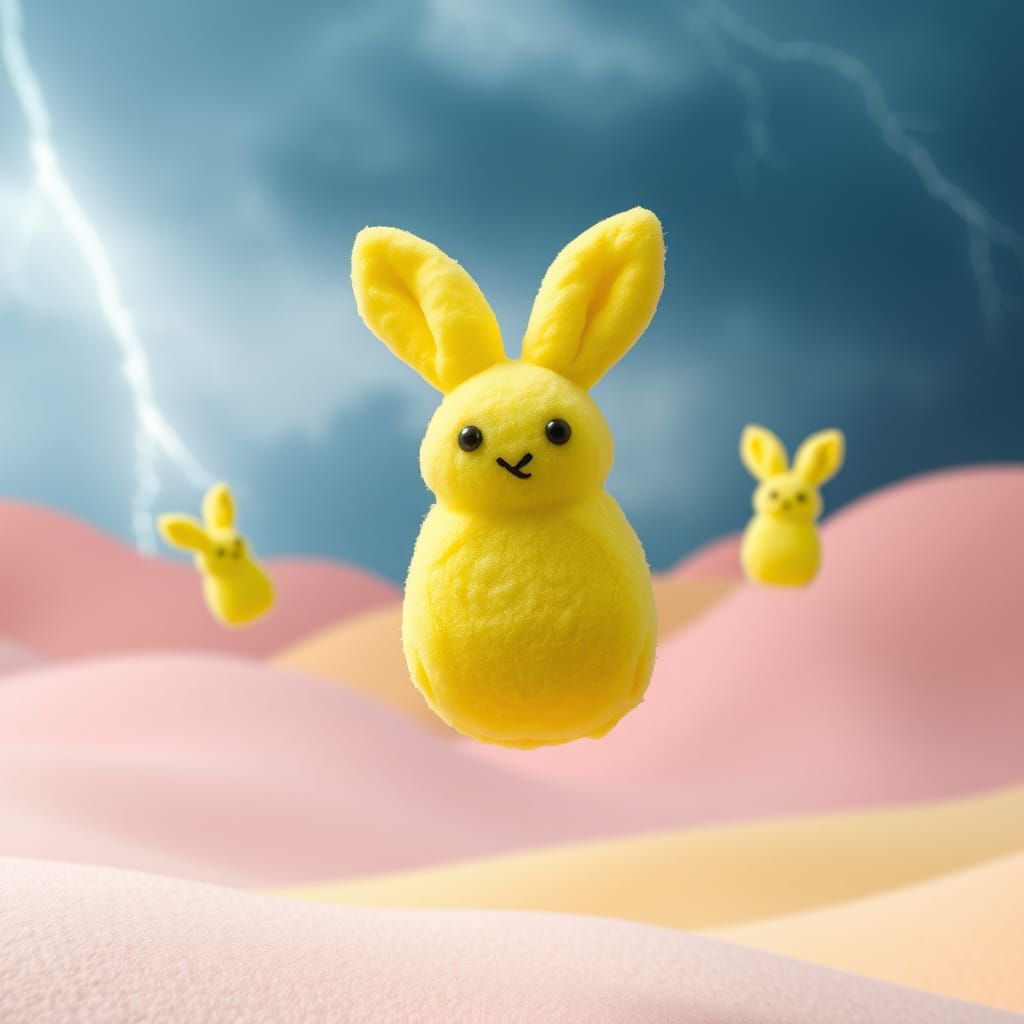 Yellow Bunny Peep in Surreal Thunderstorm Landscape