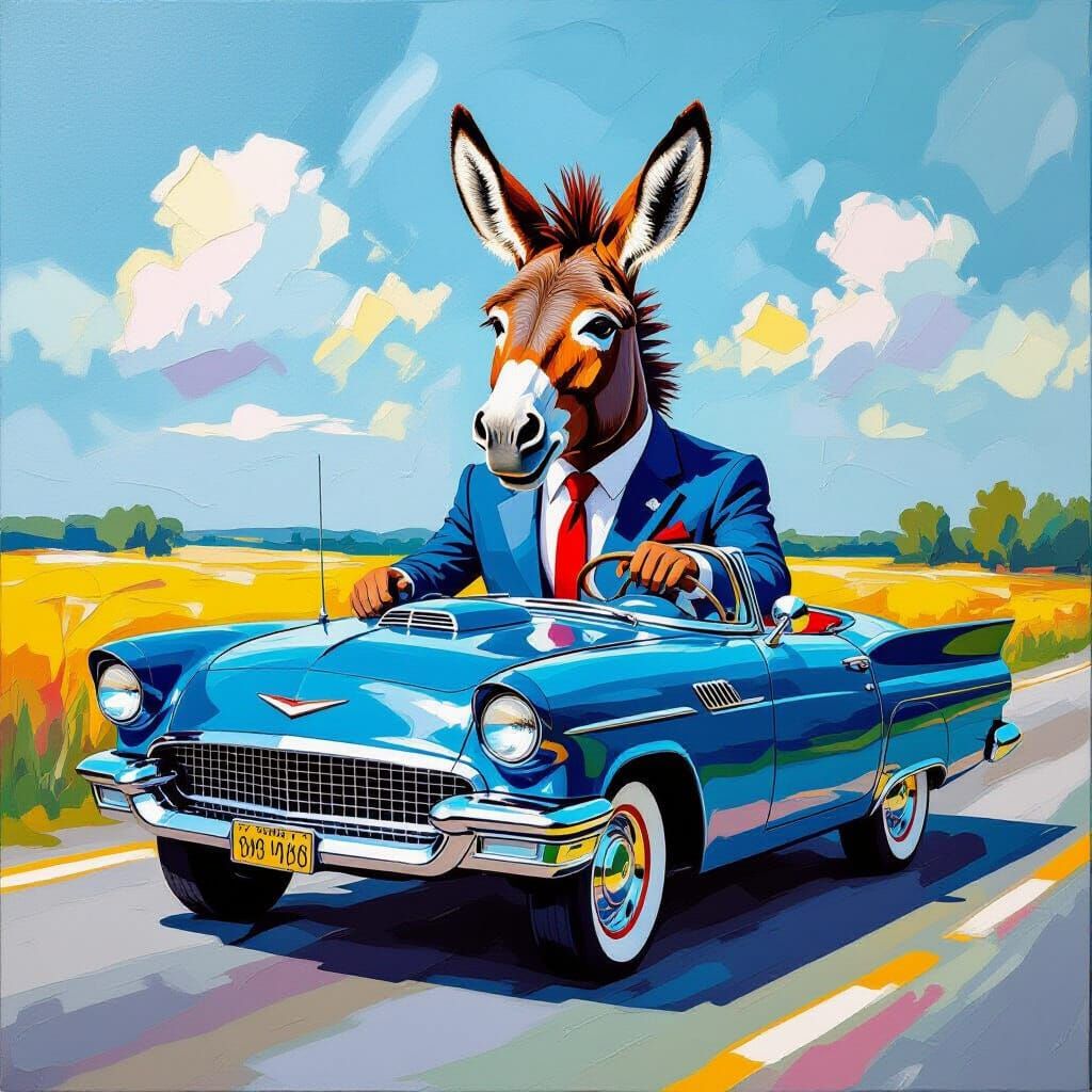 Donkey in Suit Drives Car with Smile, Neo-Impressionist Styl...