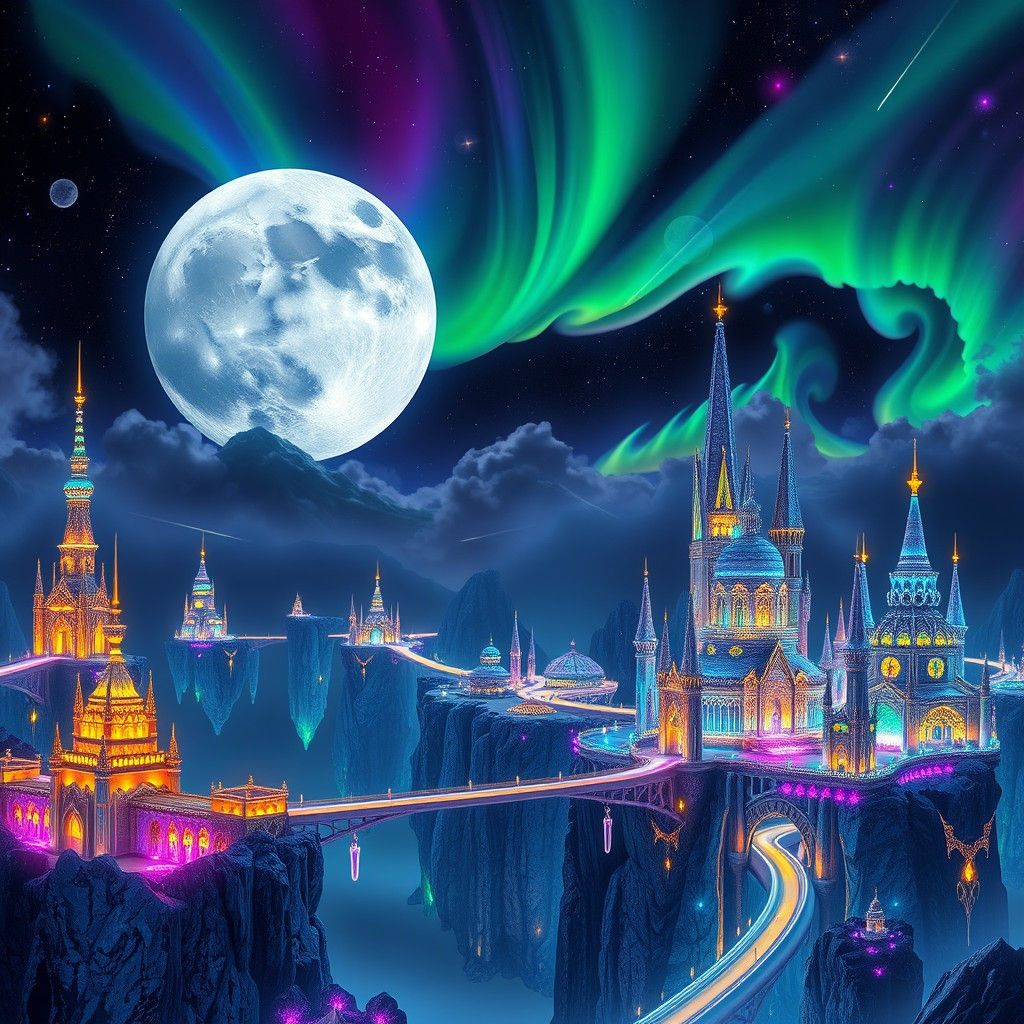 Floating City of Crystal Towers in the Night Sky