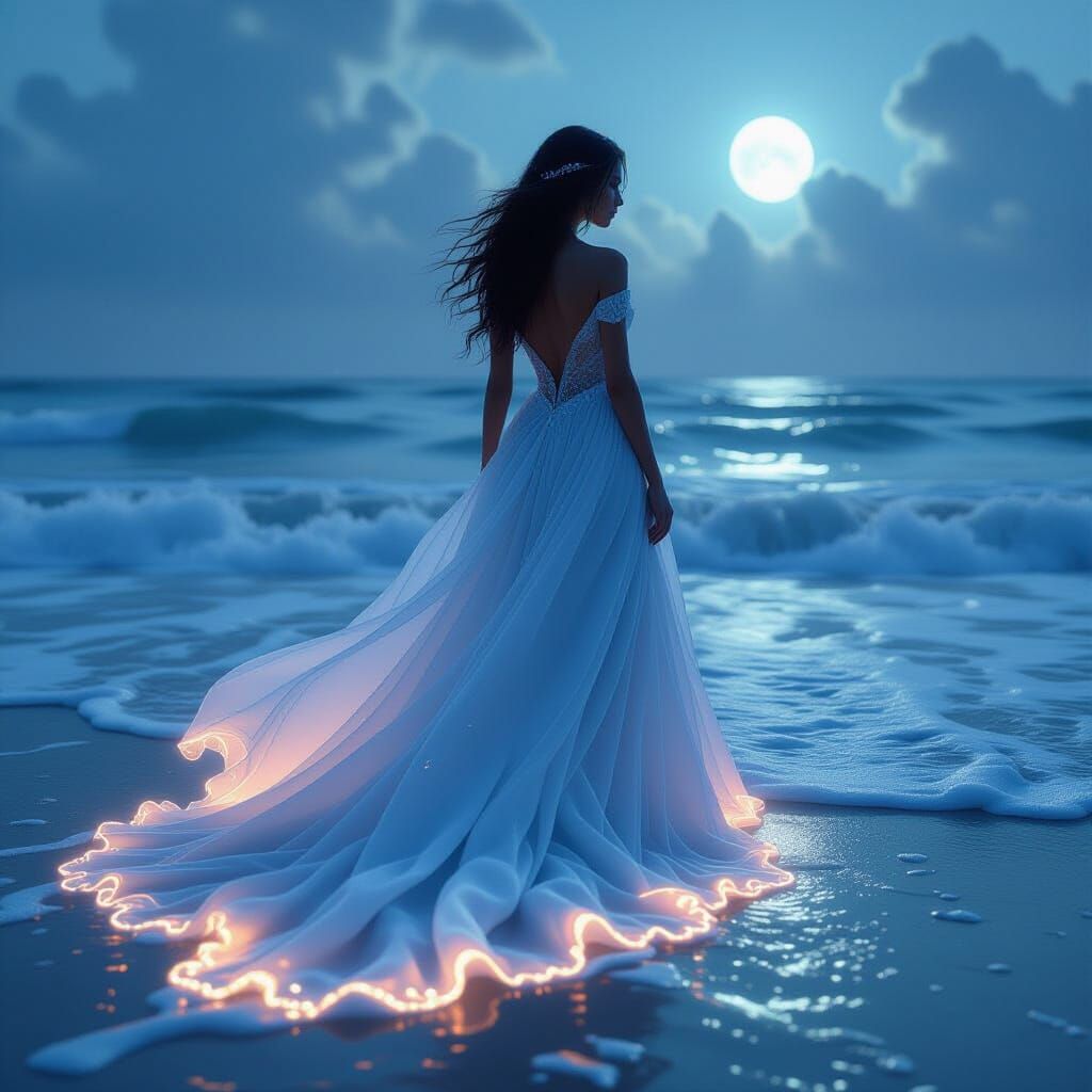 Bioluminescent Ocean Queen in Flowing Gown