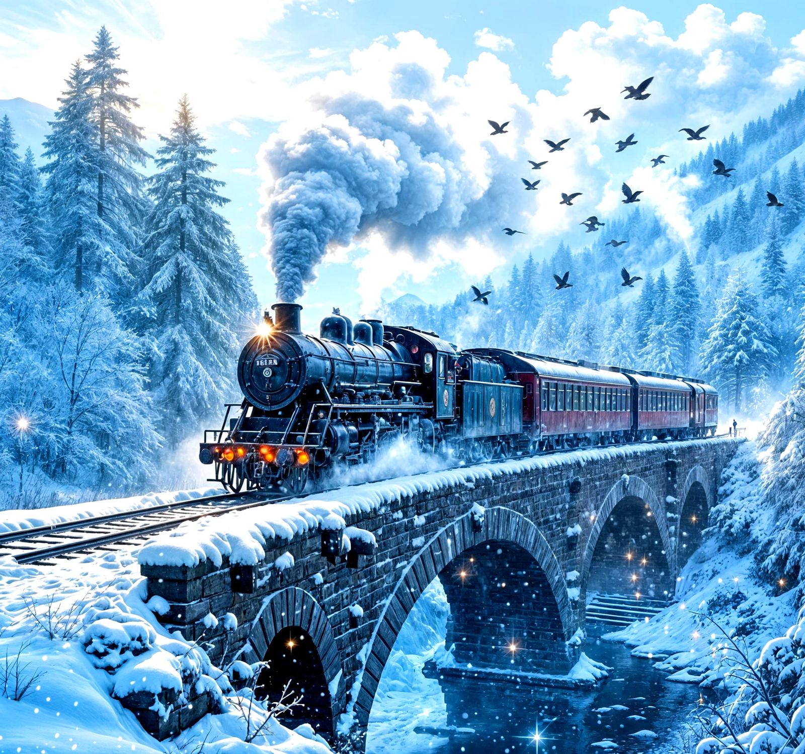 Vintage Steam Train in Surreal Winter Landscape