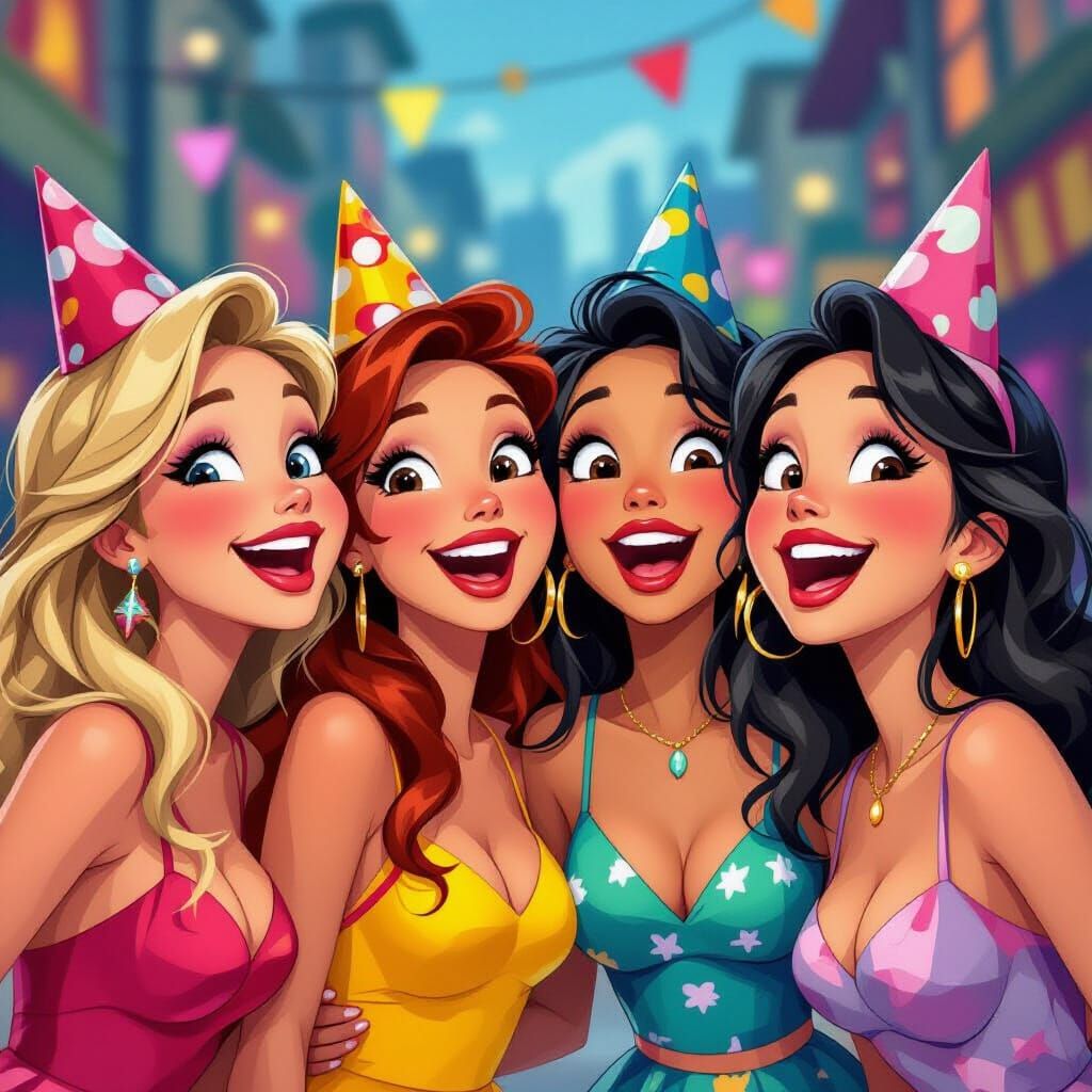 Pixar-Style Close-Up of Four Overexcited Party Girls