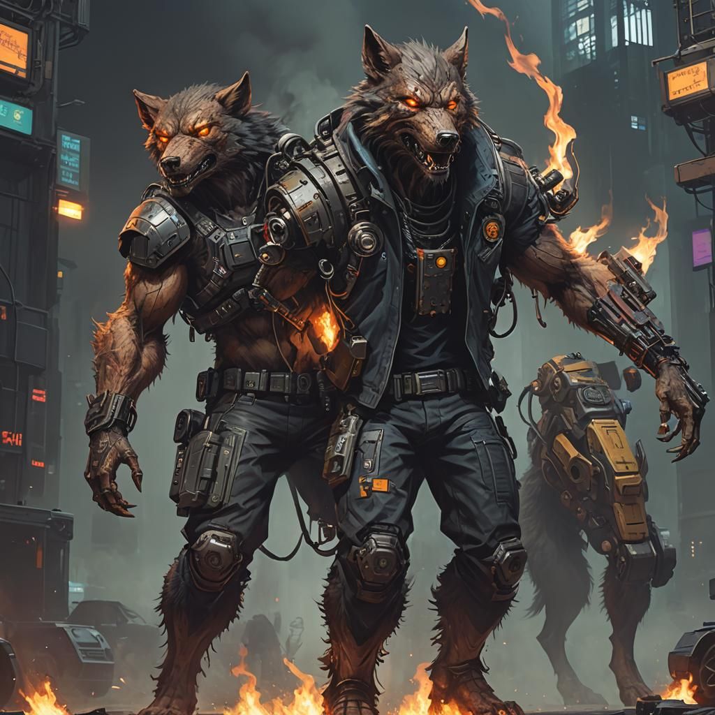 Cyberpunk Pyromanzer Werewolf in Gritty Style