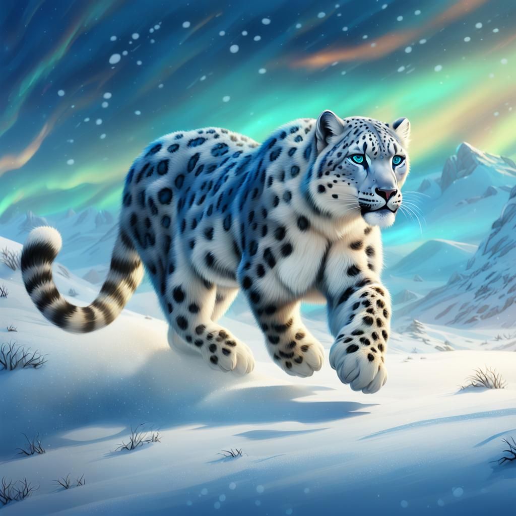 Cyberpunk Snow Leopard Roaming the Frozen Tundra