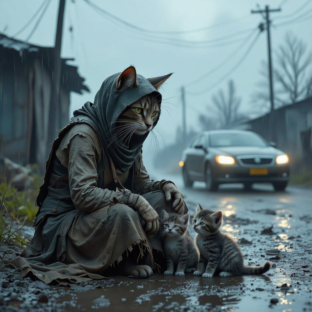 Sorrowful Cat Mother and Kittens in Bleak 3D Render