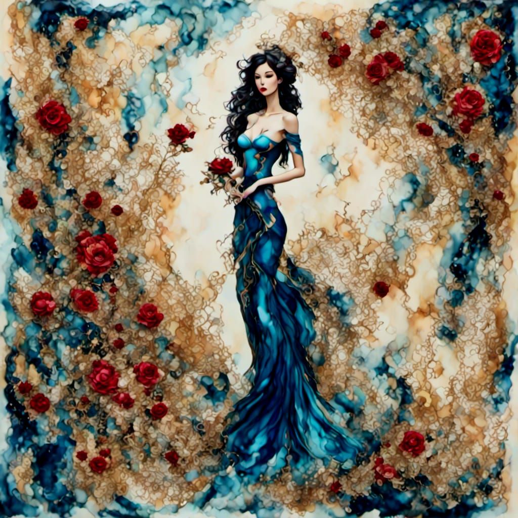 Girl in Blue Dress with Rose in Watercolor Style