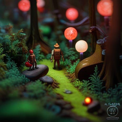 Steampunk Diorama with Glowing Orbs and Robots