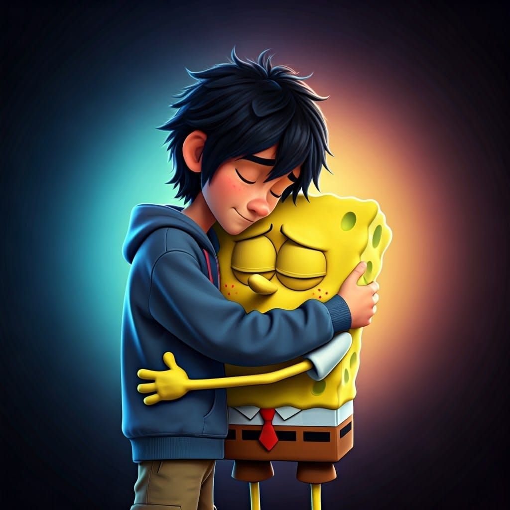 Hiro Hamada Comforts SpongeBob in Blackout: 3D Digital Art