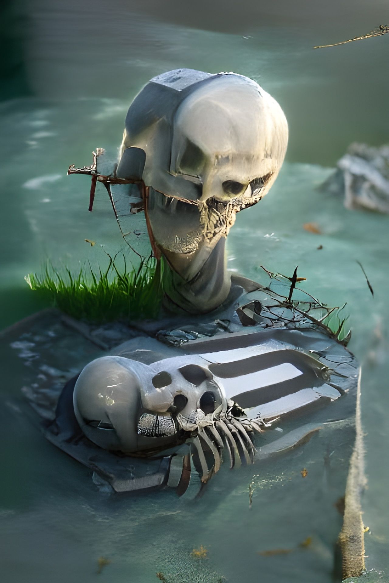 Realistic Skeleton Sinking in Graveyard Scene