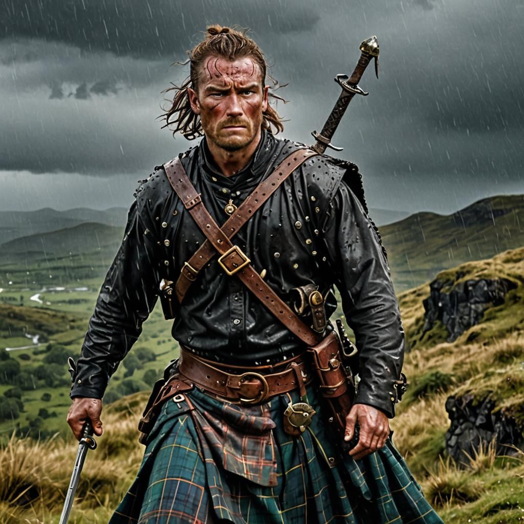 Highland Warrior Portrait on Hilltop with Claymore