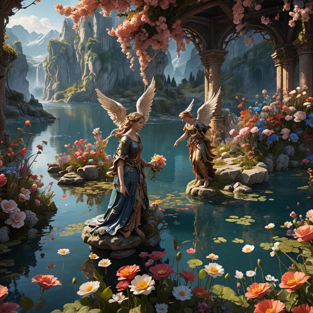 Angels in Love by a Lake: Fantastical Matte Painting
