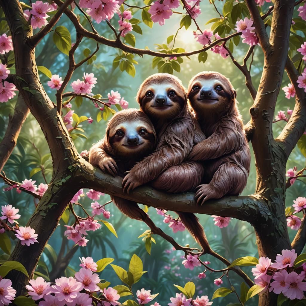 Sloths in Cherry Tree: Fantasy Digital Painting