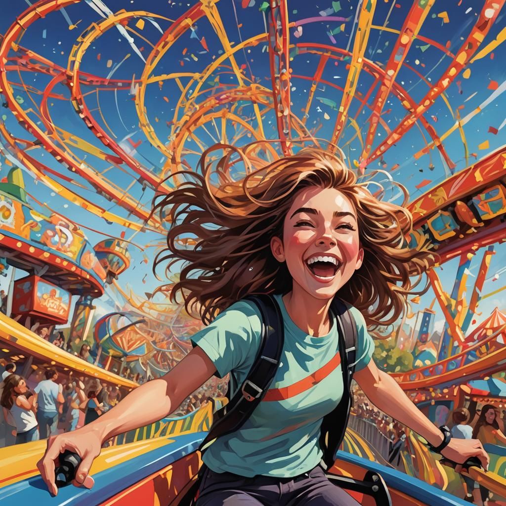 Girl's Exhilaration on Rollercoaster in Illustration Style