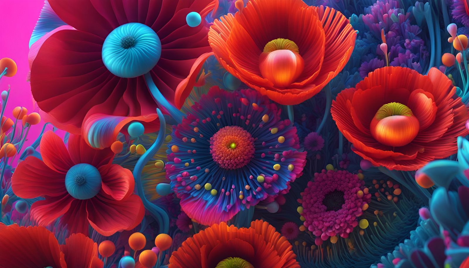 Abstract Cyberpunk Flowers in a Reflective 3D Render
